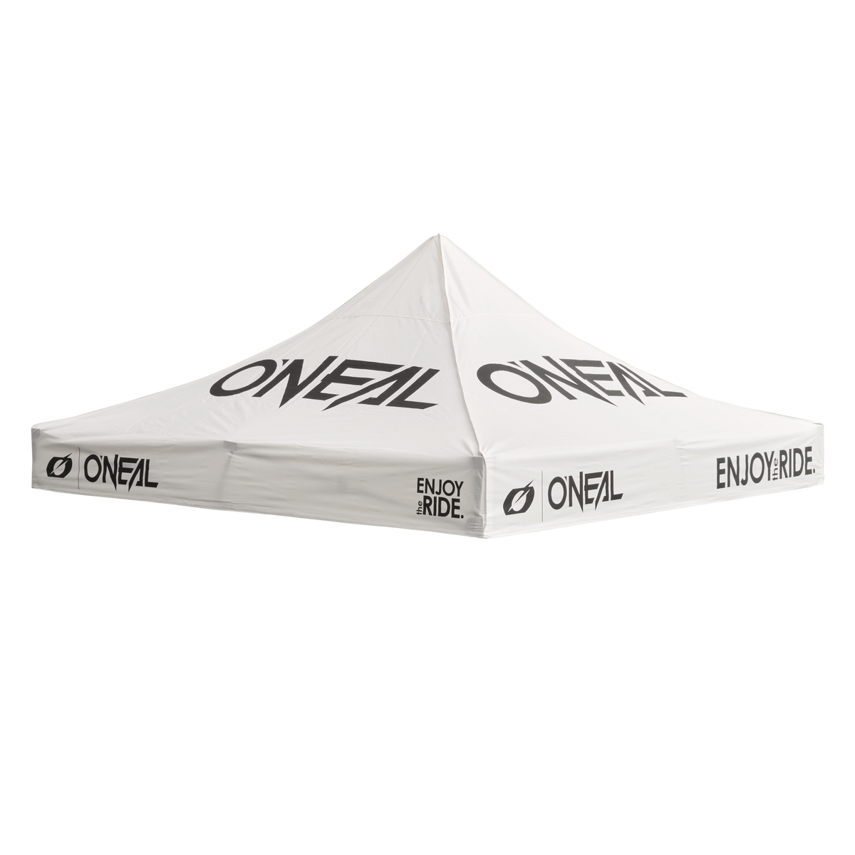 Telo bianco O'NEAL RACE TENT con tetto a punta con il marchio "O'NEAL" e la frase "ENJOY RIDE." in caratteri neri sui lati e sul tetto su sfondo trasparente.