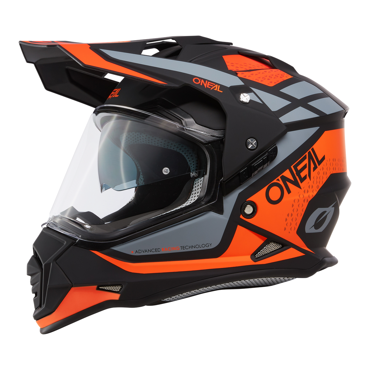 The O'NEAL SIERRA Helmet R is a black, gray and bright orange bike helmet with a clear visor, angular vents, pronounced sun shield, modern design elements, aerodynamic shape and O'NEAL branding for style and performance.