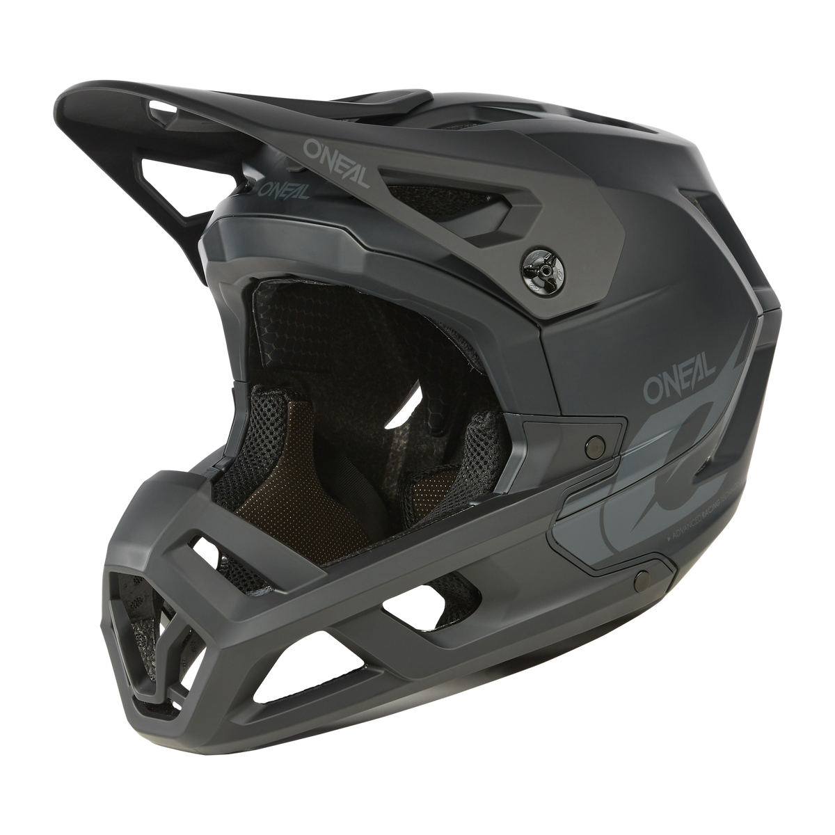 Der O'NEAL SL1 Helmet SOLID ist ein mattgrauer Fullface-Mountainbike-Helm mit Visier und eckigen Belüftungsöffnungen, der eine Top-Ausstattung und optimalen Schutz bietet und auf maximale Belüftung ausgelegt ist.