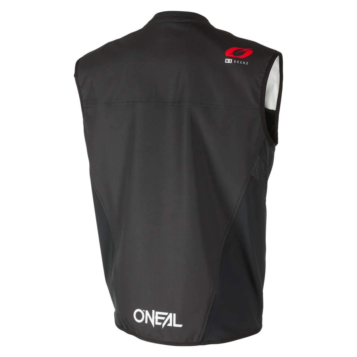 Schwarze ärmellose O'NEAL Soft Shell MX Weste, von hinten gesehen, mit weißem O'NEAL-Logo am Saum und rotem Logo auf der rechten oberen Schulter. Diese Weste ist wetterfest und verfügt über 4-Wege-Stretch für Komfort.