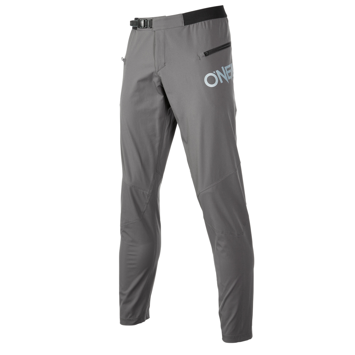 Die O'NEAL TRAILFINDER Hose, eine graue Sporthose von O'NEAL, hat eine schmale Passform, einen verstellbaren Bund, eine Tasche mit Reißverschluss und "ONE" in fetten weißen Buchstaben auf dem linken Oberschenkel für optimale Bewegungsfreiheit. Abgebildet auf einfarbig weißem Hintergrund.