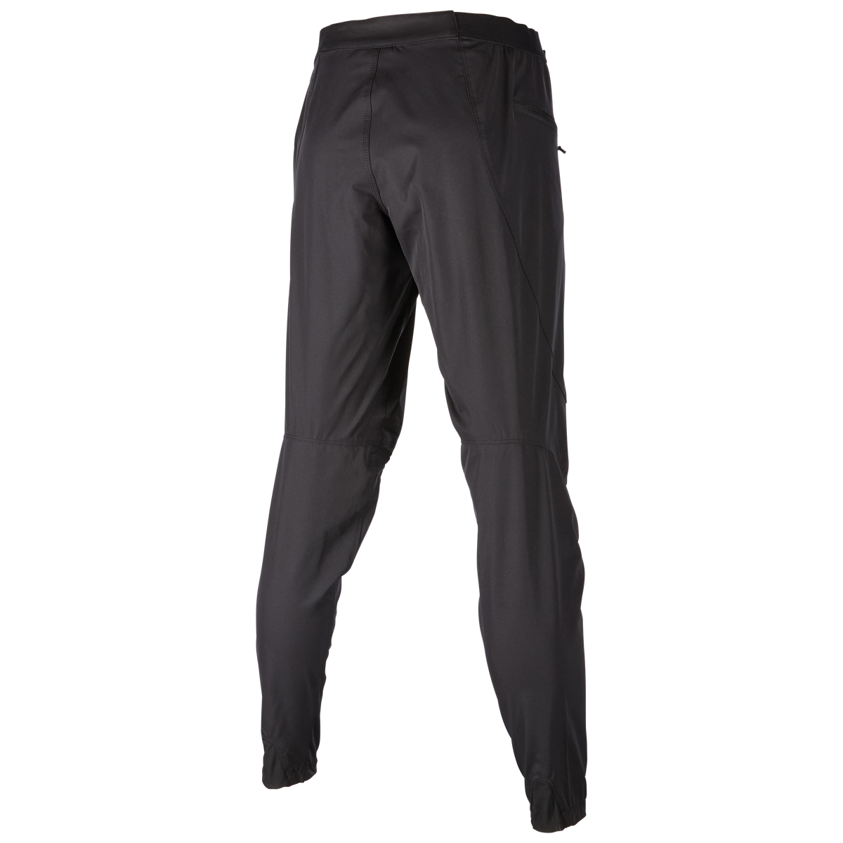 Ein Paar schwarze O'NEAL TRAILFINDER Damen-MTB-Hosen, die schräg von hinten gezeigt werden. Sie haben eine schmale Passform und spitz zulaufende Beine mit dezenten Nahtdetails für optimalen Fahrkomfort.