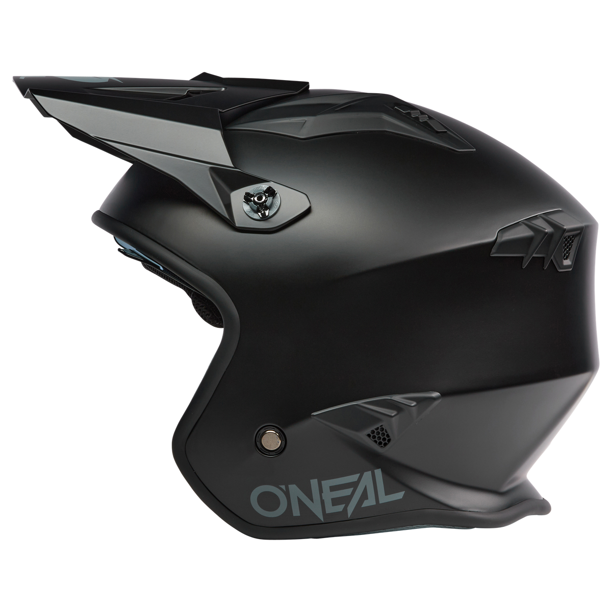 Il casco O'NEAL VOLT Solid è un casco da motocross integrale di colore nero opaco con aperture di ventilazione angolari e una visiera, che viene mostrata nel profilo laterale su sfondo bianco e riflette lo stile tipico del marchio O'NEAL.