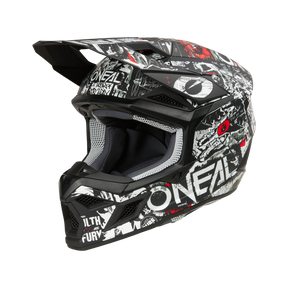 Il casco O'NEAL 3SRS ATTACK è un casco da motocross nero, bianco e rosso con una grafica accattivante, una robusta mentoniera e una visiera estesa - perfetto per le corse e le gare fuoristrada.