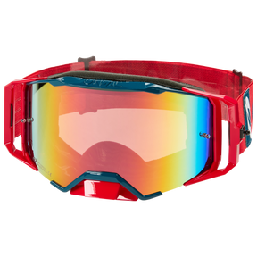 Die O'NEAL B-33 Goggle BOLD von O'NEAL ist eine rote, stoßfeste Motocross-Brille mit breiter, reflektierender Regenbogen-Scheibe, schwarzem Rand und verstellbarem, rotem Band - ideal für den Einsatz bei Rennen und auf der Strecke.