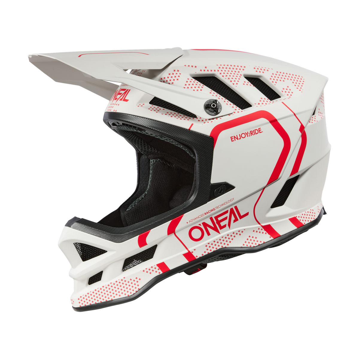 Der O'NEAL BLADE Polyacrylite Helm STRIKE ist ein weißer Fullface-MTB-Helm mit roten geometrischen Akzenten, großem Visier, Belüftungspaneelen, seitlichem O'NEAL-Logo und "ENJOY RIDE"-Aufdruck im Schläfenbereich.