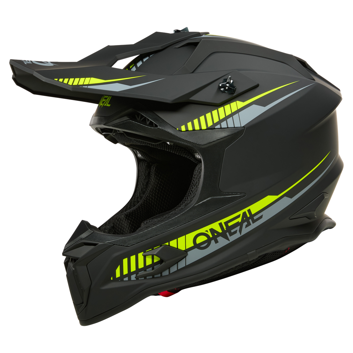 Der O'NEAL C-SRS Helm SOLID ist ein mattschwarzer Helm mit gelb-grauen Akzenten, Visier, seitlichem "O'NEAL"-Branding, Belüftungsöffnungen und einem texturierten Kinnschutz - maximale Sicherheit in stylishem Look.