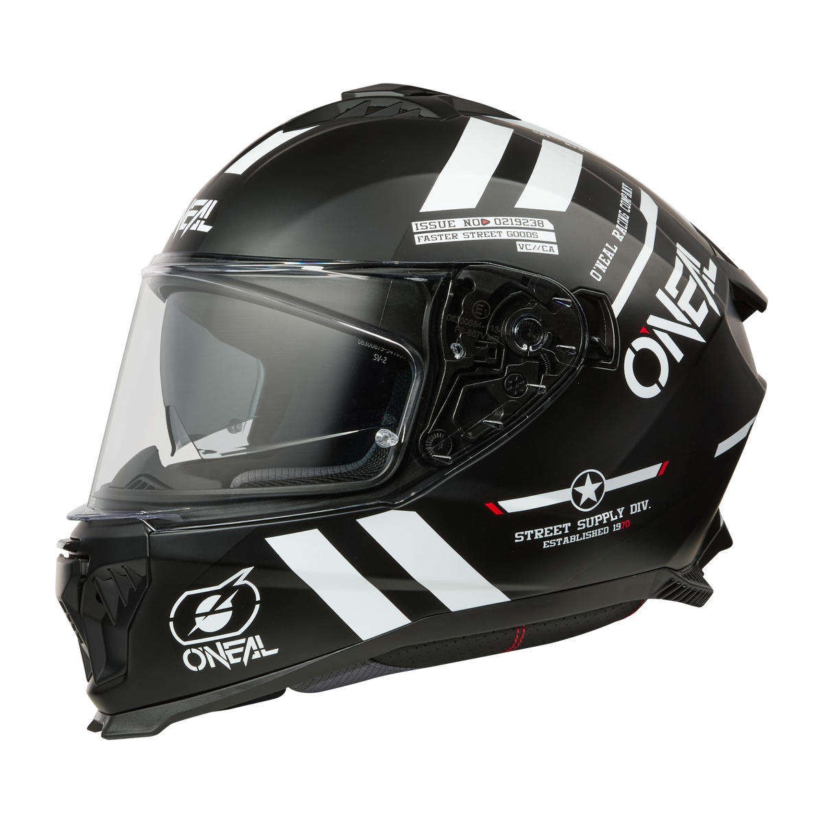 Le casque O'NEAL CHALLENGER WARHAWK est un casque intégral noir pour vélos avec des bandes et des graphiques blancs, une visière claire, des aérations aérodynamiques et un design détaillé.