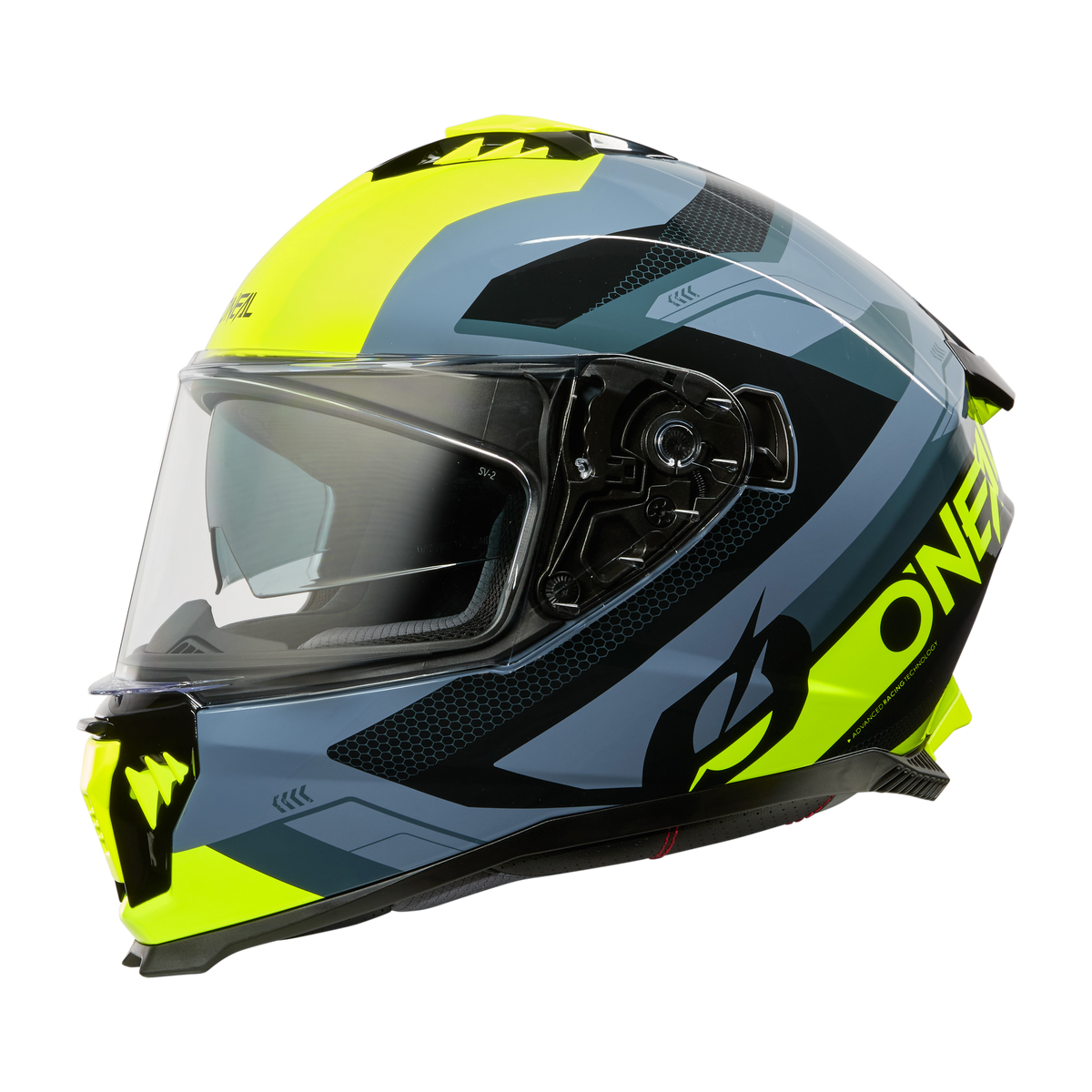 Le casque O'NEAL CHALLENGER EXO est un casque de moto à visière intégrale avec une base grise, des accents de jaune fluo, des motifs géométriques noirs et une visière claire pour une visibilité optimale - idéal pour chaque sortie.
