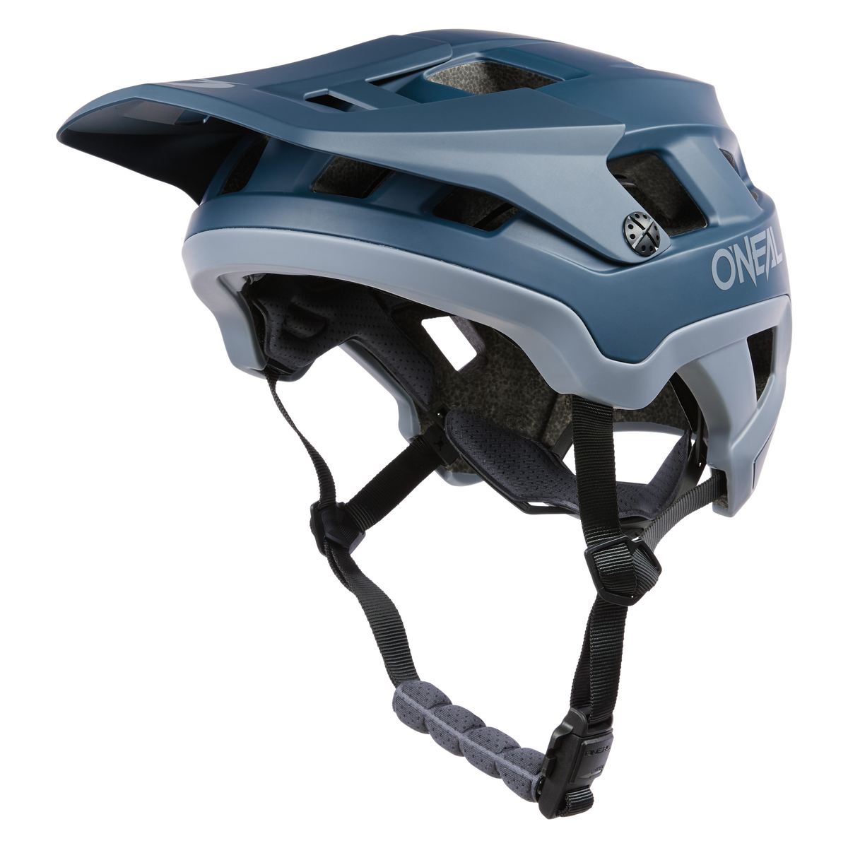 Der O'NEAL DEFENDER Helm SOLID ist ein blau-grauer All-Mountain-Helm mit Visier, seitlichen Belüftungsöffnungen, Kinnriemen und dem O'NEAL-Logo - ideal für Enduro-Fahrten.