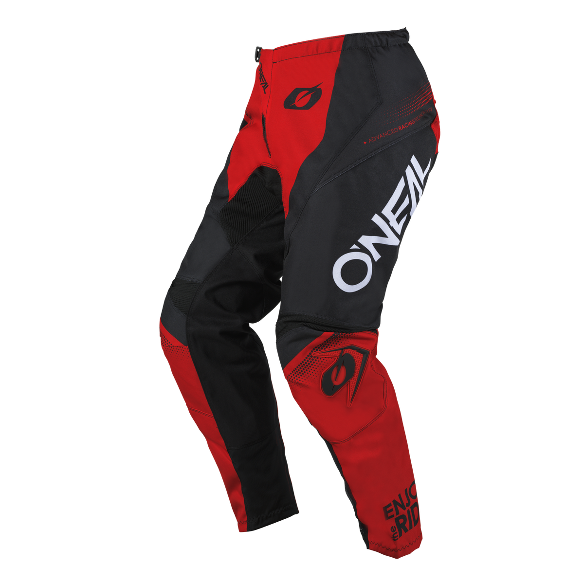 Die rot-schwarze O'NEAL ELEMENT Hose RACEWEAR hat das markante weiße O'NEAL-Logo auf dem rechten Bein, schwarze Einsätze und ein extra Motorsport-Branding für Komfort und Schutz bei jeder Fahrt.
