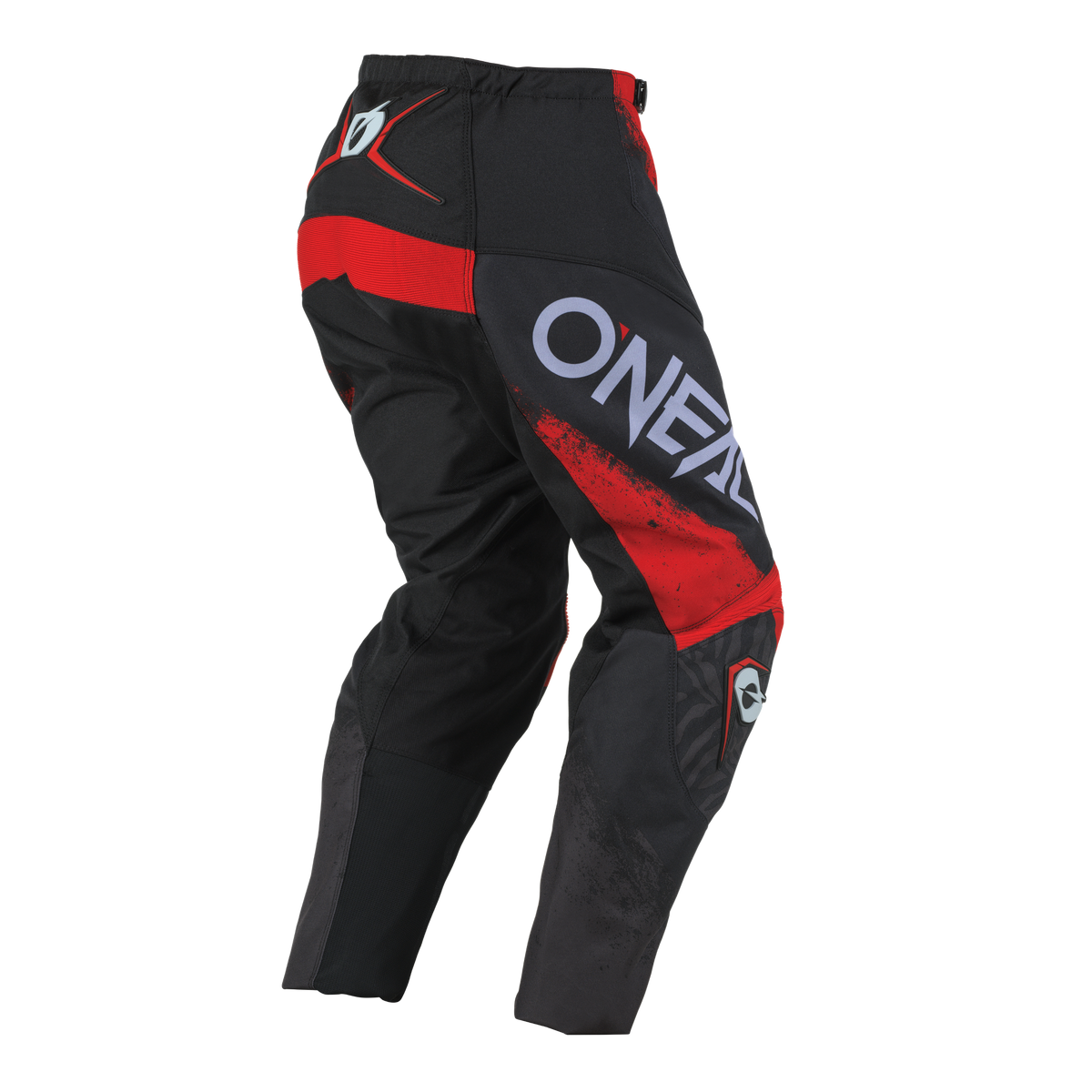 Der O'NEAL ELEMENT Hose SHOCKER in Schwarz und Rot hat einen weißen Schriftzug "ONEAL" an der Seite, verstärkte Kniepartien und ein sportliches, vom Motorsport inspiriertes Design für Komfort und Schutz.