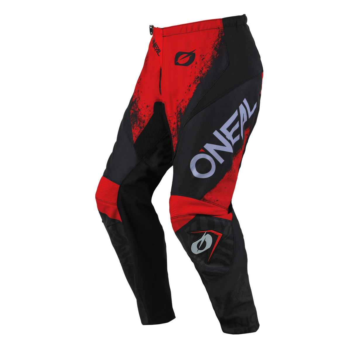 Die O'NEAL ELEMENT Hose SHOCKER in Rot und Schwarz verfügt über einen auffälligen weißen "ONEAL"-Schriftzug, ein Logo auf dem linken Oberschenkel, verstärkte Knie und einen modernen Motorsport-Stil, der Komfort und Schutz für jede Fahrt bietet.