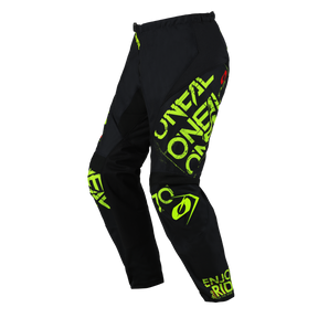 I pantaloni O'NEAL Element STATIC neri con l'accattivante marchio "O'NEAL" giallo e verde e la scritta "ENJOY THE RIDE" sulla caviglia offrono uno stile motorsport con comfort e protezione in ogni corsa.