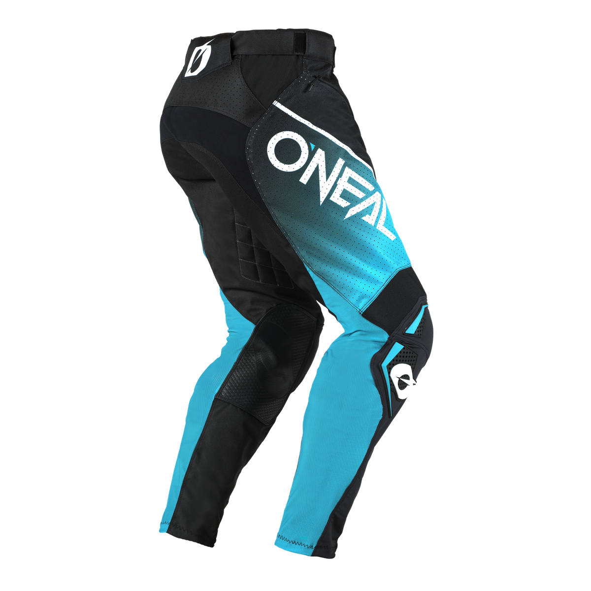 Die O'NEAL HARDWEAR AIR Pants SLAM in Schwarz, Türkis und Weiß ist mit dem O'NEAL-Logo auf dem Oberschenkel, verstärkten Knien sowie Hüft- und Kniepolstern ausgestattet - ein elegantes Motocross-Design, das sich ideal für Fahrten im Gelände eignet.