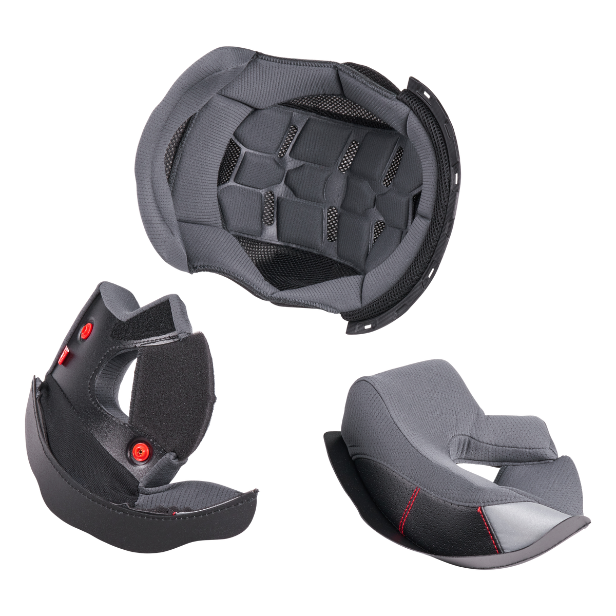 Das O'NEAL Liner & Cheek Pads CHALLENGER Helmet Set besteht aus einem schwarzen und grauen Top Liner und zwei Wangenpolstern, die alle auf einem weißen Hintergrund abgebildet sind.