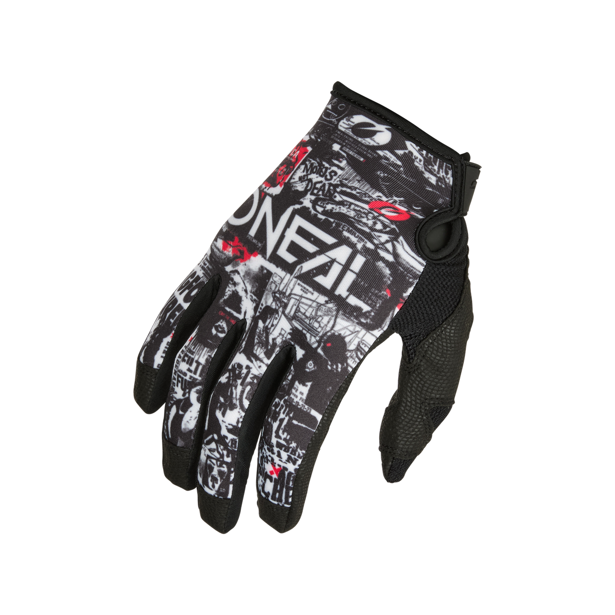 Der O'NEAL MAYHEM Handschuh ATTACK ist ein schwarz-weißer Motocross-Handschuh mit Graffiti-Grafik, "O'NEAL"-Branding, roten Akzenten, einer strukturierten Handfläche und einem Klettverschluss am Handgelenk für sicheren Halt.