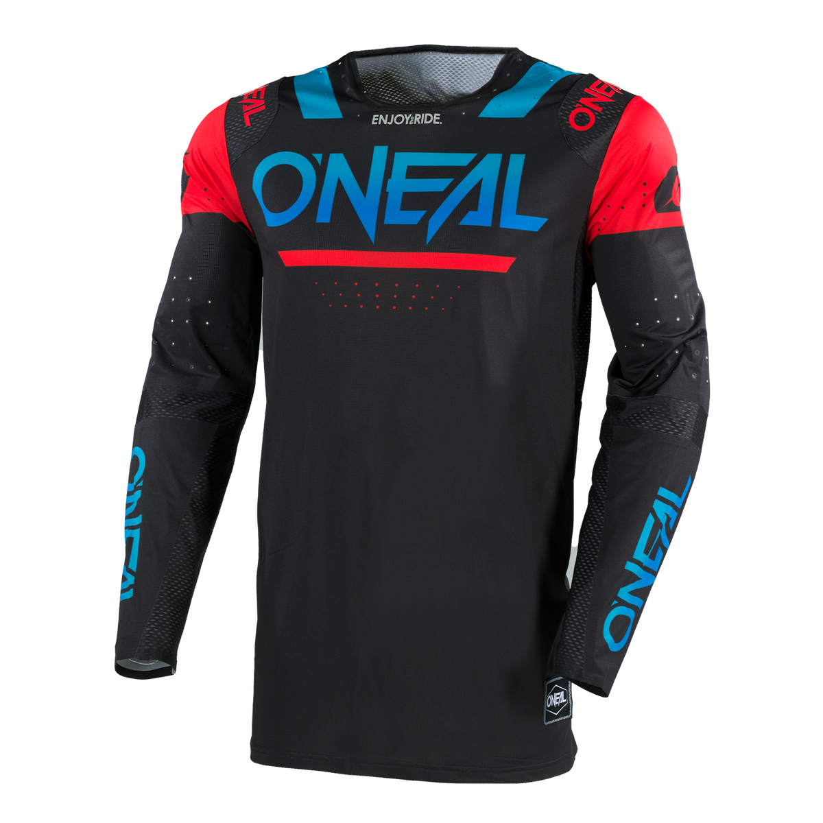 Das O'NEAL PRODIGY Jersey FIVE FOUR ist ein schwarzes, langärmeliges Motocross-Trikot mit auffälligem blauen O'NEAL-Branding, roten Schultern, blauen und roten Akzenten und Mesh-Einsätzen an den Armen für mehr Atmungsaktivität.