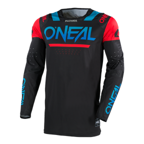 La O'NEAL Prodigy Jersey FIVE FOUR è una maglia da motocross nera a maniche lunghe con il marchio O'NEAL blu, spalle rosse, accenti blu e rossi e inserti in rete sulle braccia per una maggiore traspirabilità.