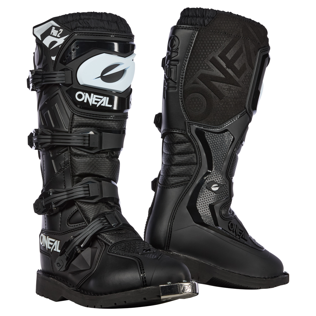 Ein Paar schwarze O'NEAL RIDER PRO 2 Stiefel mit weißen Logos und Akzenten, mehreren Schnallen, stabilen Sohlen und verstärktem Schienbeinschutz, dargestellt in Vorder- und Seitenansicht.
