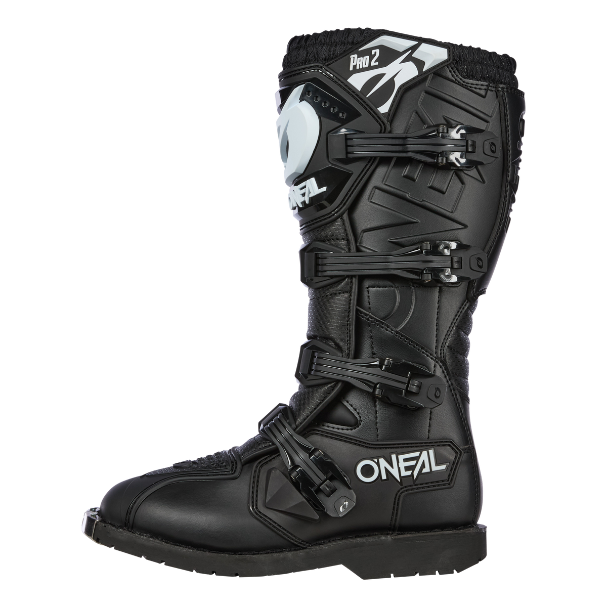 Der schwarze O'NEAL RIDER PRO 2 Boot verfügt über Schnallenverschlüsse, verstärkte Paneele zum Schutz, strukturierte Details und das O'NEAL-Logo in Weiß auf der unteren Vorderseite und der Oberseite.