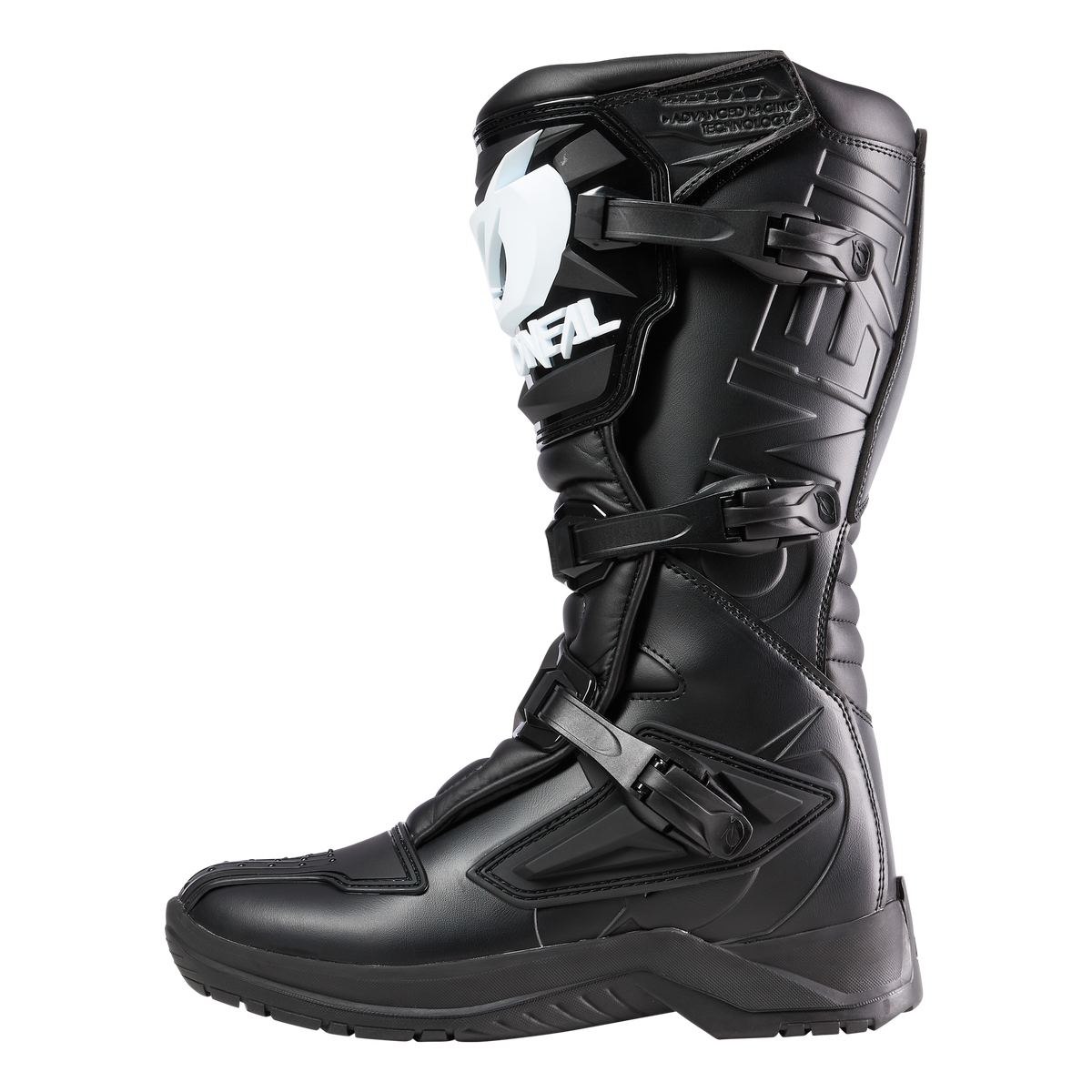 Der O'NEAL RSX Stiefel ist ein schwarzer Motocross-Stiefel mit einer robusten Sohle, einem Schienbeinschutz, verstellbaren Schnallen und einem auffälligen weißen Branding auf der oberen Lasche - ideal für anspruchsvolle Fahrten.