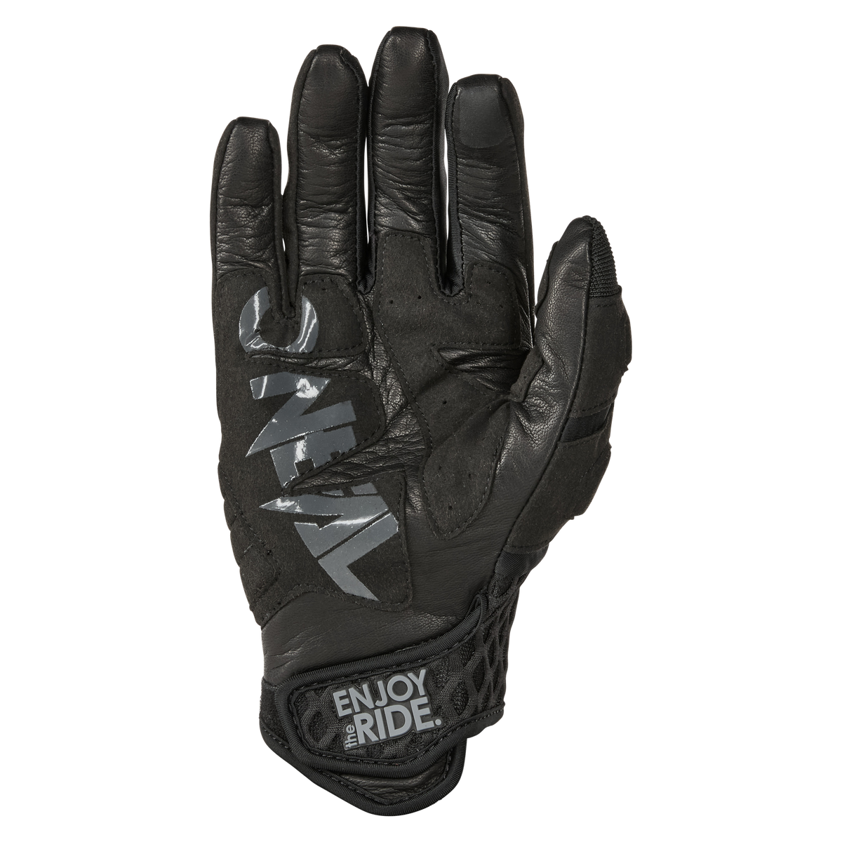 Le gant O'NEAL SGX Glove de O'NEAL est un gant de moto noir rembourré avec un "SEVEN" gris sur les doigts et un "ENJOY THE RIDE" sur le poignet, conçu pour les activités de plein air et les sports motorisés.