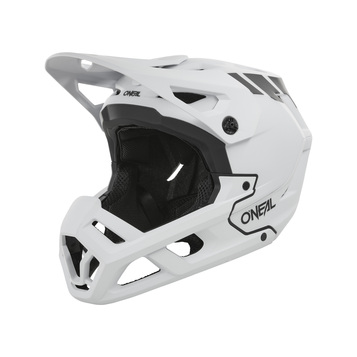 Der O'NEAL SL1 Helm CREST ist ein weißer Fullface-Motocross-Helm mit schwarzer Innenpolsterung, einem großen Visier, Belüftungsöffnungen und dem "O'NEAL"-Logo auf der Unterseite für optimalen Schutz.