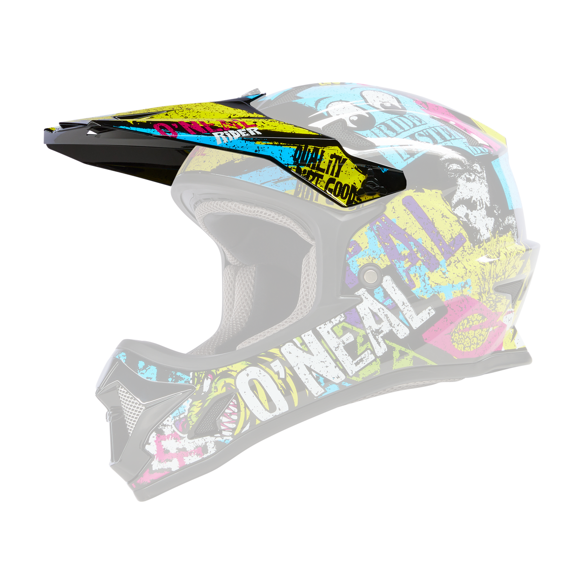 Il casco O'NEAL Visor Sonus Bambini Riot ha una base nera con un'accattivante grafica a graffiti gialli, blu, rosa e bianchi e la scritta "O'NEAL" sul lato.
