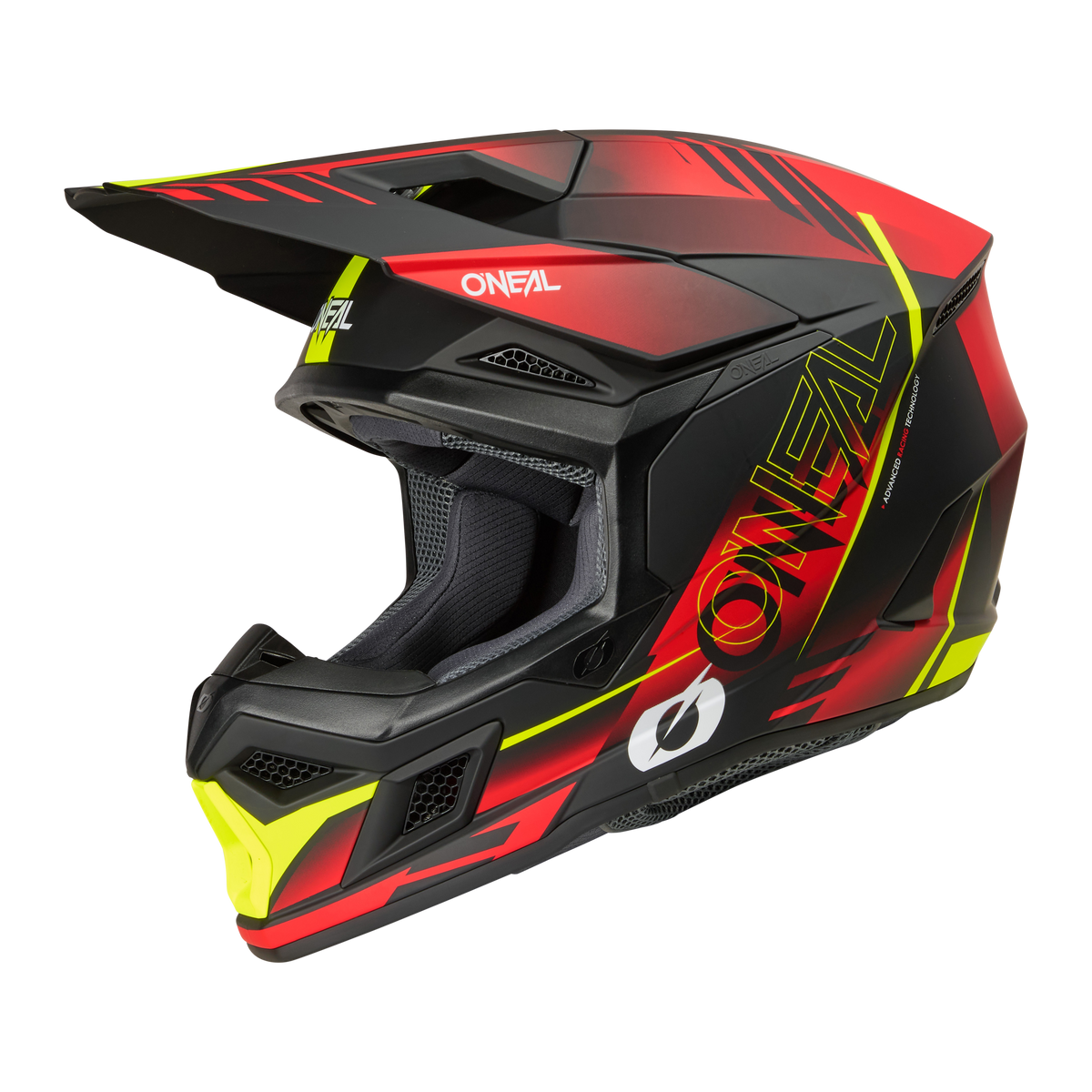 L'O'NEAL 3SRS Helmet HAZE è un casco da motocross integrale rosso, nero e giallo con un design angolare, visiera, aperture di ventilazione e il logo O'NEAL sul lato.