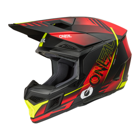Der O'NEAL 3SRS Helmet HAZE ist ein rot-schwarz-gelber Fullface-Motocross-Helm mit kantigem Design, Visier, Belüftungsöffnungen und dem O'NEAL-Logo an der Seite.