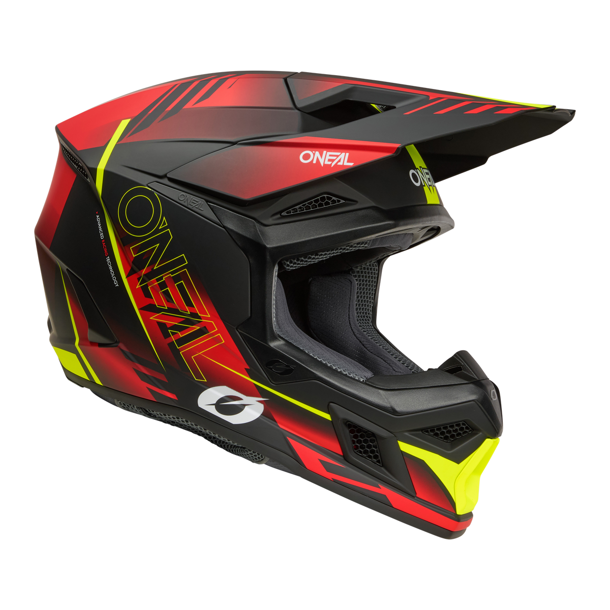 L'O'NEAL 3SRS Helmet HAZE è un casco da motocross integrale in nero, rosso e giallo con marchio "O'NEAL", visiera e aperture di ventilazione.