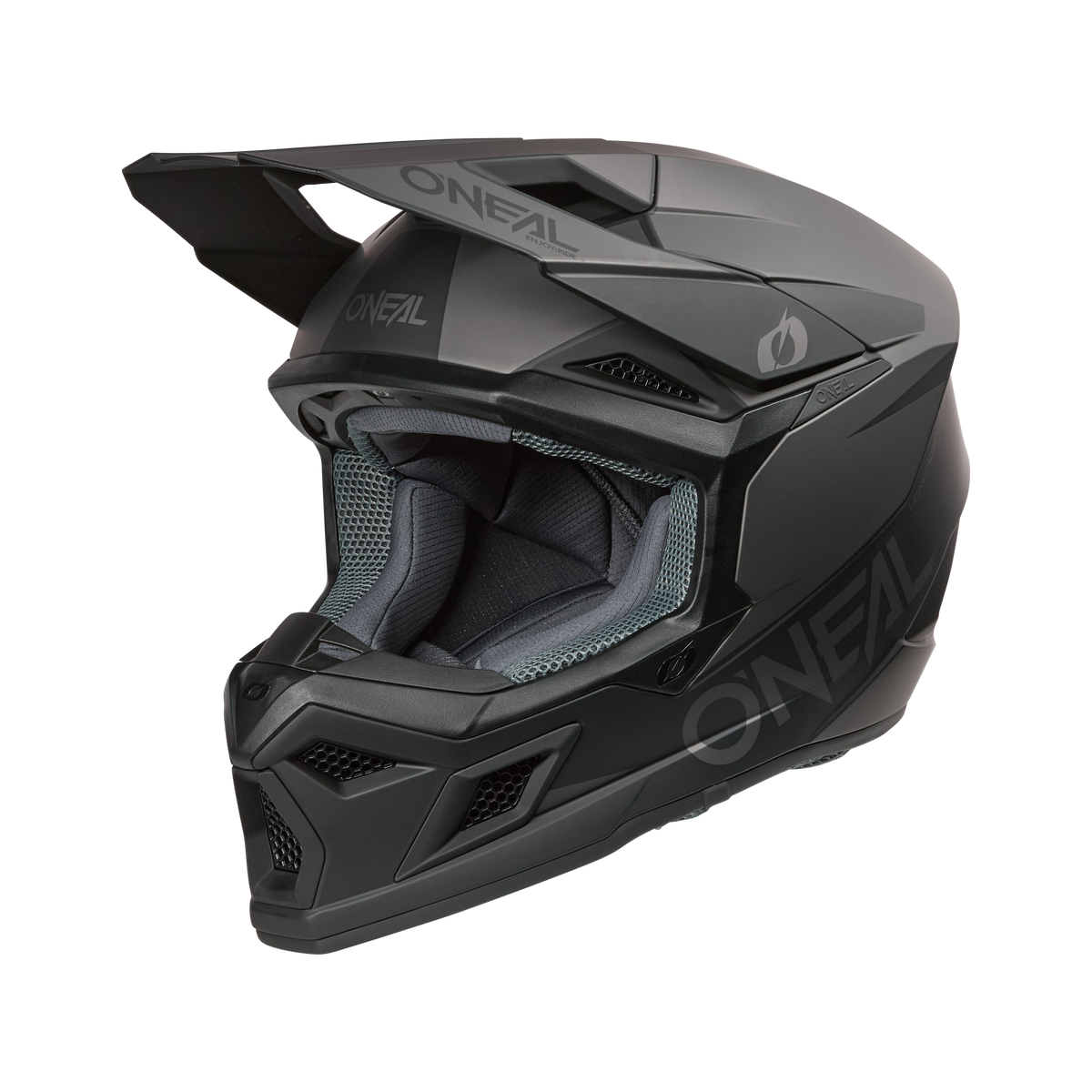 Il casco O'NEAL 3SRS Solid in nero/grigio è un casco MX integrale nero opaco con visiera, aperture di ventilazione, marchio O'NEAL e interni grigi imbottiti: l'ideale per i piloti di motocross che cercano stile e comfort.