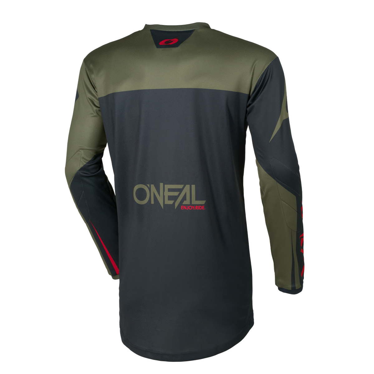 Vista posteriore della O'NEAL Element Jersey Racewear, una maglia da motocross a maniche lunghe di colore verde scuro e nero con accenti rossi, con i loghi O'NEAL sulla parte bassa della schiena e sulla parte alta del collo.