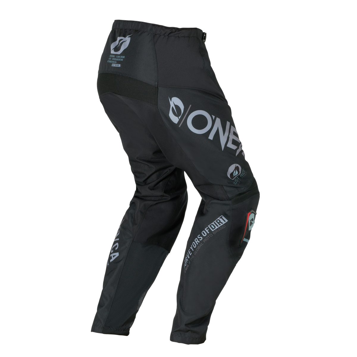 Pantaloni Element BRAND di O'NEAL in nero con loghi bianchi visibili da dietro e di lato su sfondo trasparente. Con inserti rinforzati e marchio O'NEAL sulle gambe e sulla vita.