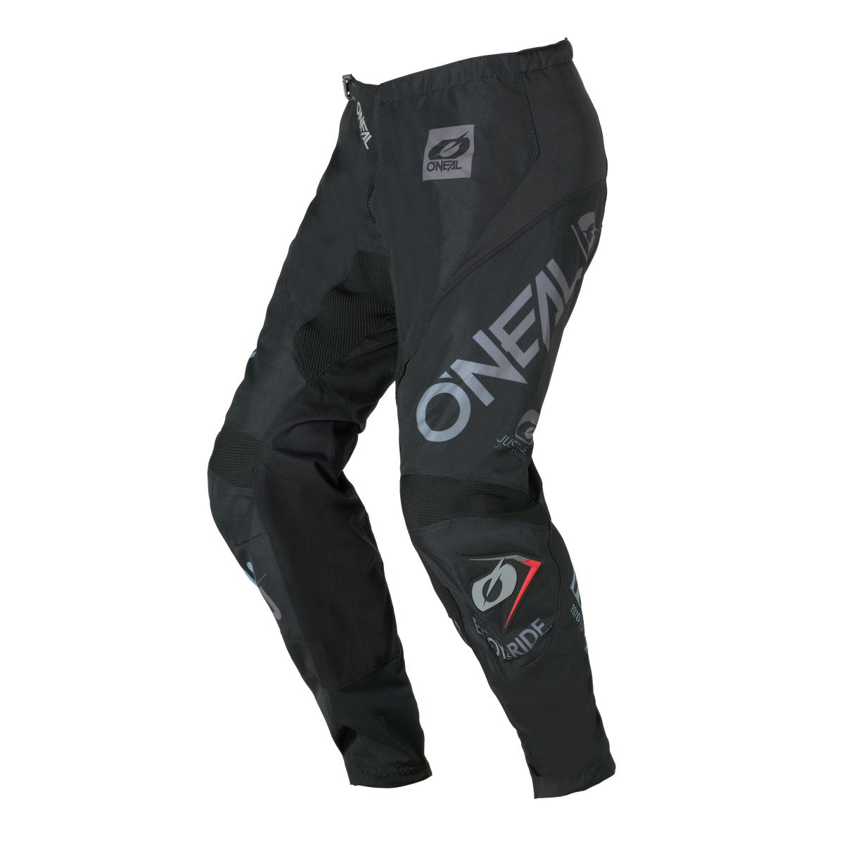 Pantaloni Element BRAND di O'NEAL in nero/grigio con logo grigio e bianco, ginocchia rinforzate e inserti di ventilazione in rete, raffigurati su uno sfondo a tinta unita.