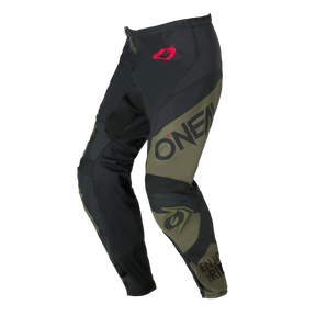 Gli O'NEAL Element Pants Racewear in nero/oliva presentano il logo O'NEAL e la scritta "ENJOY THE RIDE" sulla parte inferiore della gamba.