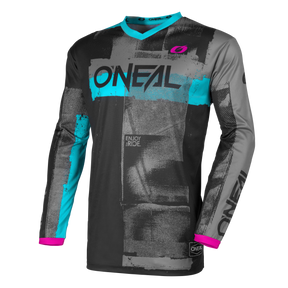La maglia ROLLER O'NEAL Element da donna è una maglia da motocross a maniche lunghe con un blocco di colori nero, grigio e turchese, accenti rosa, un'accattivante scritta "O'NEAL" sul petto e sulle maniche, oltre a loghi aggiuntivi e un motivo grafico strutturato.