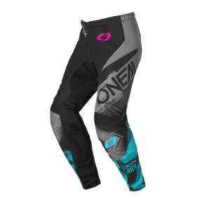 I pantaloni O'NEAL ELEMENT da donna ROLLER in nero/ciano hanno il marchio "O'NEAL" sulla gamba sinistra, accenti blu, un logo rosa in vita e la scritta "ENJOY RIDE" sulla parte inferiore della gamba destra.
