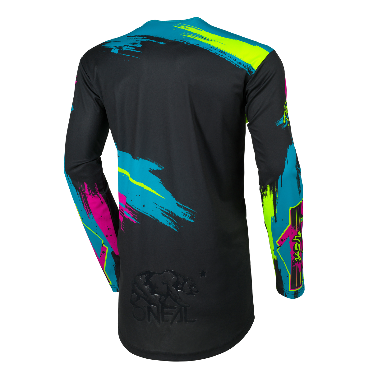 La O'NEAL Mayhem Jersey RESEDA è una maglia nera a maniche lunghe con pennellate astratte blu, rosa e gialle, oltre al logo O'NEAL e alla grafica di un orso in rilievo sulla parte bassa della schiena.