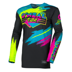La O'NEAL Mayhem Jersey RESEDA è una maglia da motocross a maniche lunghe con grafica graffiti in giallo neon, rosa e blu su sfondo nero, scritta "O'NEAL USA" sul petto e loghi O'NEAL sulle maniche e sull'orlo.