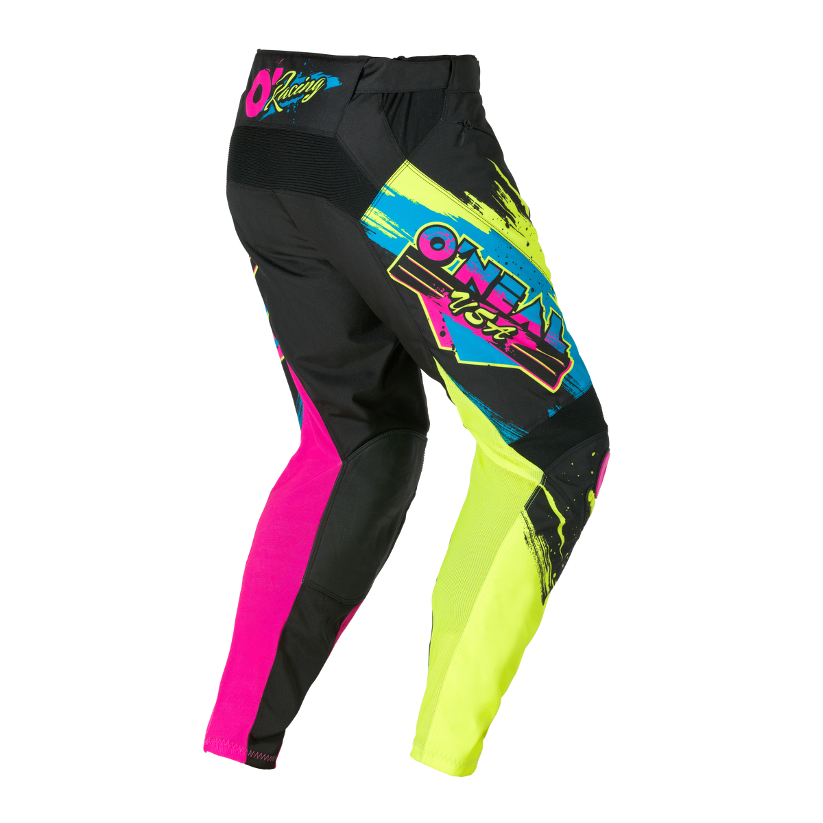 Gli O'NEAL Mayhem Pants RESEDA sono caratterizzati da un accattivante design geometrico in nero, giallo neon, rosa e blu con il logo "O'NEAL Racing" sul lato, raffigurato su uno sfondo bianco.
