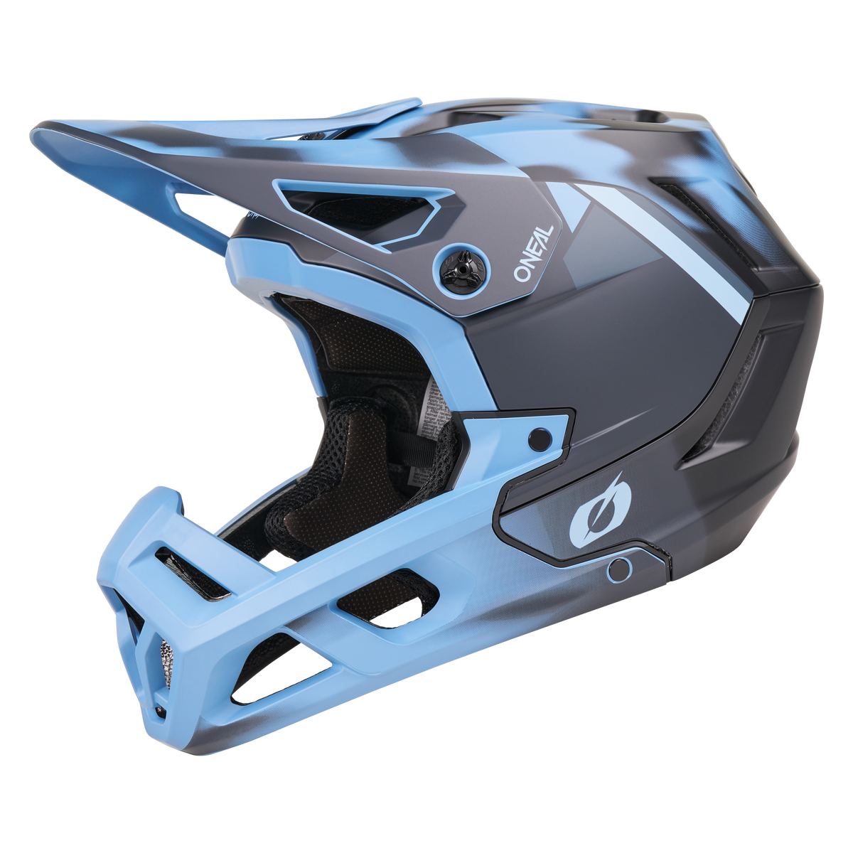 Der O'NEAL SL1 Helm GLACIOR ist ein blau-schwarzer Fullface-Mountainbike-Helm mit Visier, seitlichen Belüftungsöffnungen, gepolsterter Innenausstattung und O'NEAL-Logo - ideal für optimalen Schutz auf jedem Trail.