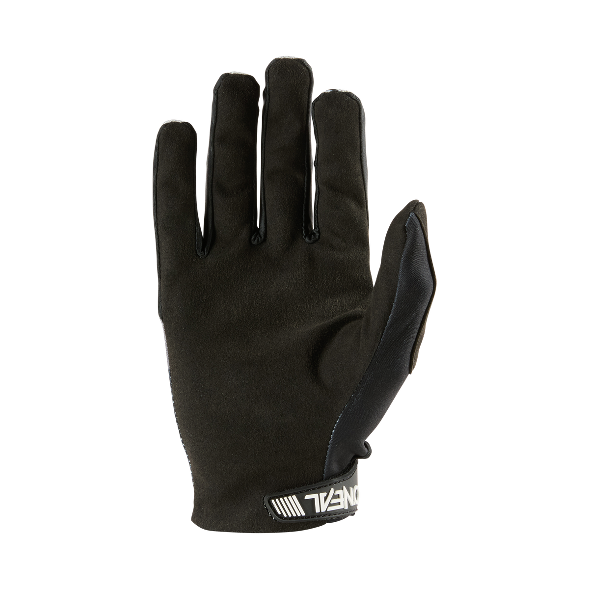 Der O'NEAL VAULT Handschuh RACEWEAR ist ein schwarzer MTB-Handschuh mit dezenter Textur und weißem "O'NEAL"-Logo am Handgelenk, der flexiblen Komfort und starken Grip bietet. Abgebildet mit der Handfläche nach innen und gestreckten Fingern.