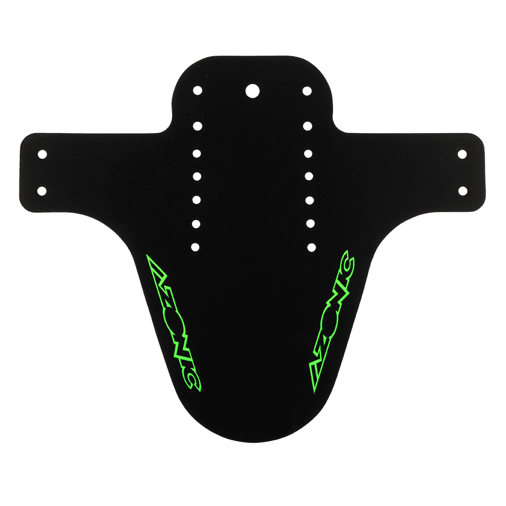 Il parafango AZONIC SPLATTER LOGO è un parafango in plastica nera di AZONIC con diversi fori di montaggio e due loghi "AZONIC" verde neon su ciascun lato.