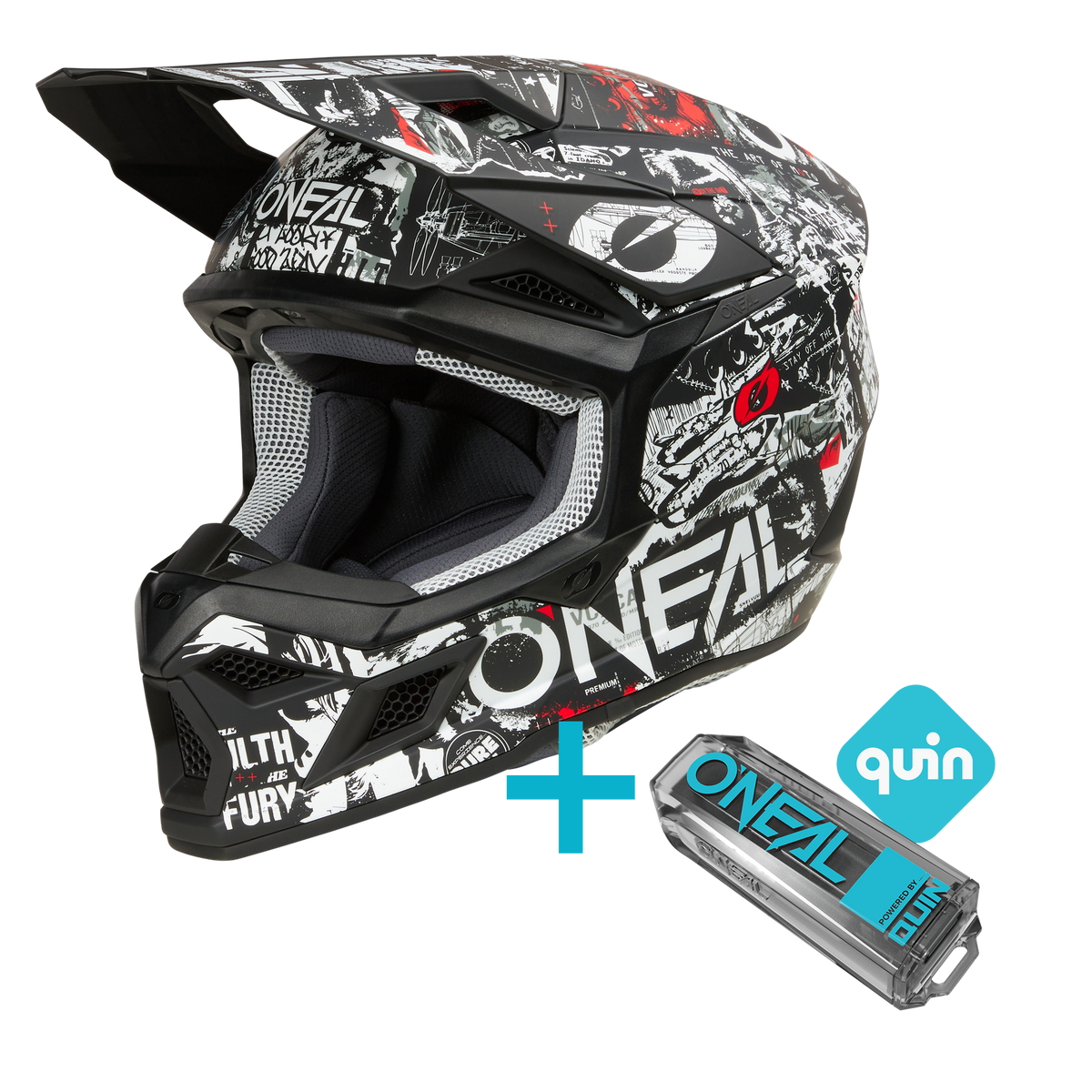 El paquete O'NEAL 3SRS Attack Quin consta de un casco de motocross O'NEAL blanco y negro con llamativos gráficos, combinado con un sensor Quin Pro Smart azul y una batería para una integración avanzada del casco inteligente.
