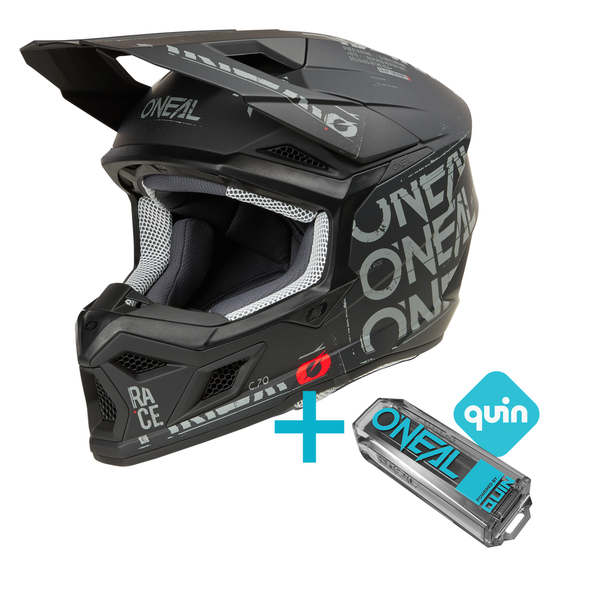 El paquete O'NEAL 3SRS Static Quin consta de un casco integral de motocross negro con detalles en gris y blanco y un sensor Quin Pro Smart y un logotipo azules.