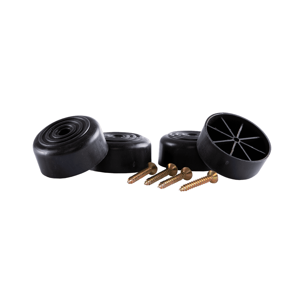 Quatre pieds O'NEAL pour le cube siège O'NEAL avec une surface supérieure nervurée et noire en forme d'étoile sont présentés avec quatre vis dorées sur une surface blanche.
