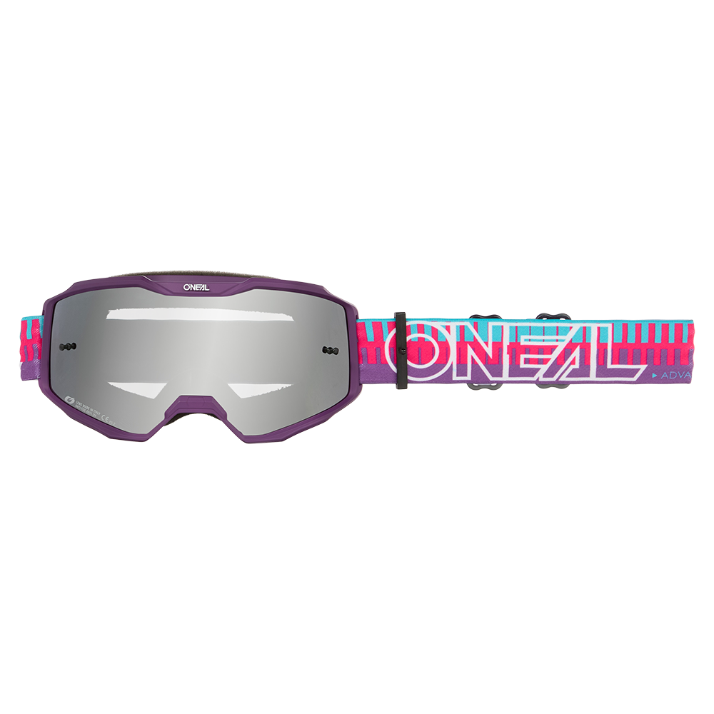Die O'NEAL B-10 Youth Goggle STRIPED hat verspiegelte Gläser, ein verstellbares Band mit weißem O'NEAL-Logo und ist auf blauem und rosa Hintergrund abgebildet.
