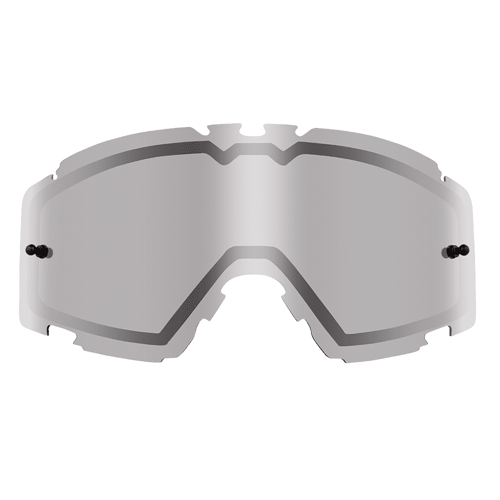 Le O'NEAL B-30 Goggle - Spare Double Lens est un écran de remplacement teinté argenté et réfléchissant de O'NEAL avec des bords incurvés et deux points de fixation latéraux.